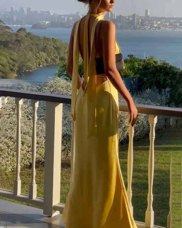 Yellow Deep V Neck Backless Sheath Long Party Dress Sexy Evening Dress Formal Dress