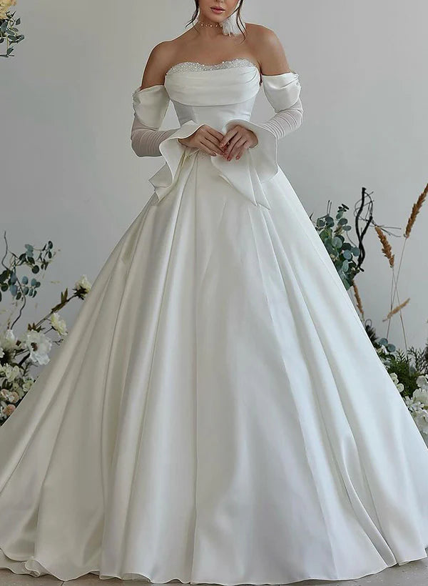 Sweetheart Long Sleeves Silk Like Satin Wedding Dress With Beading Off Shoulder Floor Length Without Neck accessories