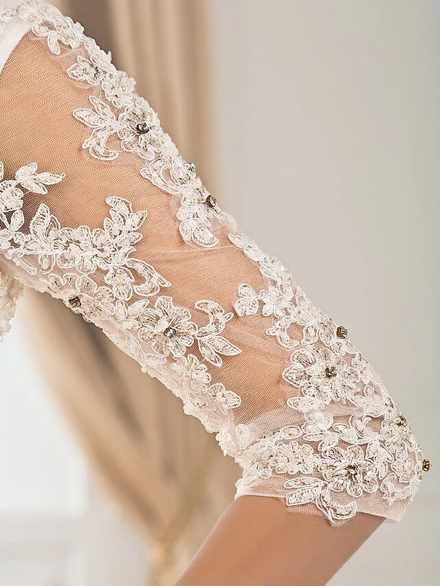 Ball Gown Wedding Dresses V Neck Chapel Train Taffeta Half Sleeve See-Through with Ruched Beading Appliques