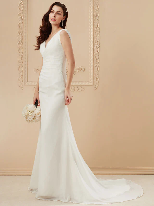 Wedding Dresses V Neck Court Train Chiffon Over Satin Regular Straps Vintage Backless Elegant with Side-Draped