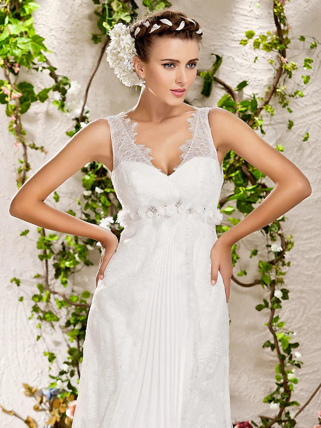 Wedding Dresses Floor Length V Neck Chapel Train Lace Sleeveless