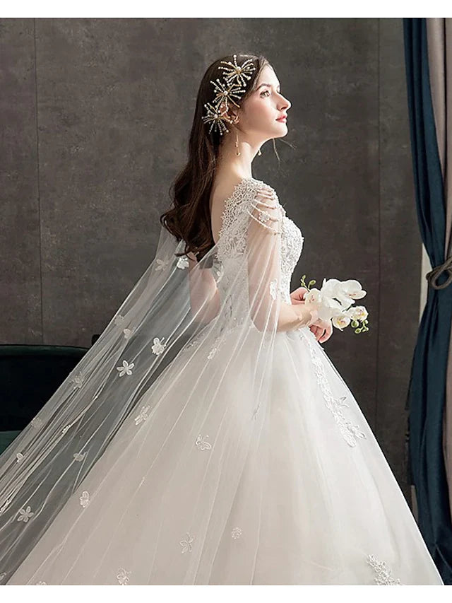 Princess Ball Gown Wedding Dresses Jewel Neck Chapel Train Lace Tulle Sleeveless Floor Length  Formal Luxurious with Appliques