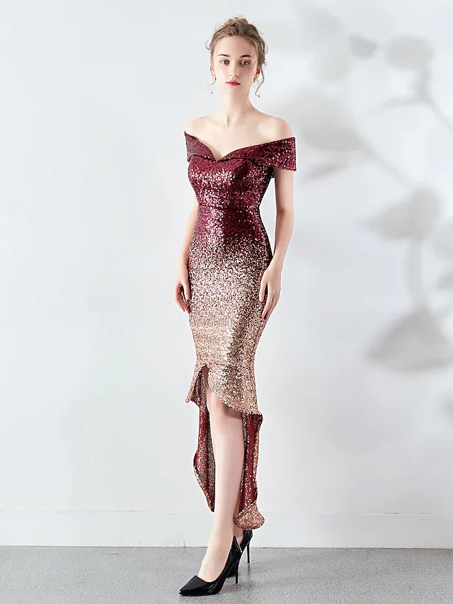 Sexy Wedding Guest Cocktail Party Prom Dress Off Shoulder Sleeveless Asymmetrical Sequined with Sequin