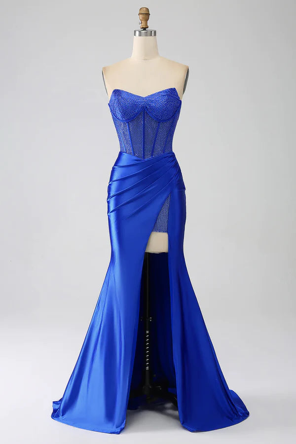 Mermaid Strapless Royal Blue Corset Prom Dress with Beading Sexy Evening Dress