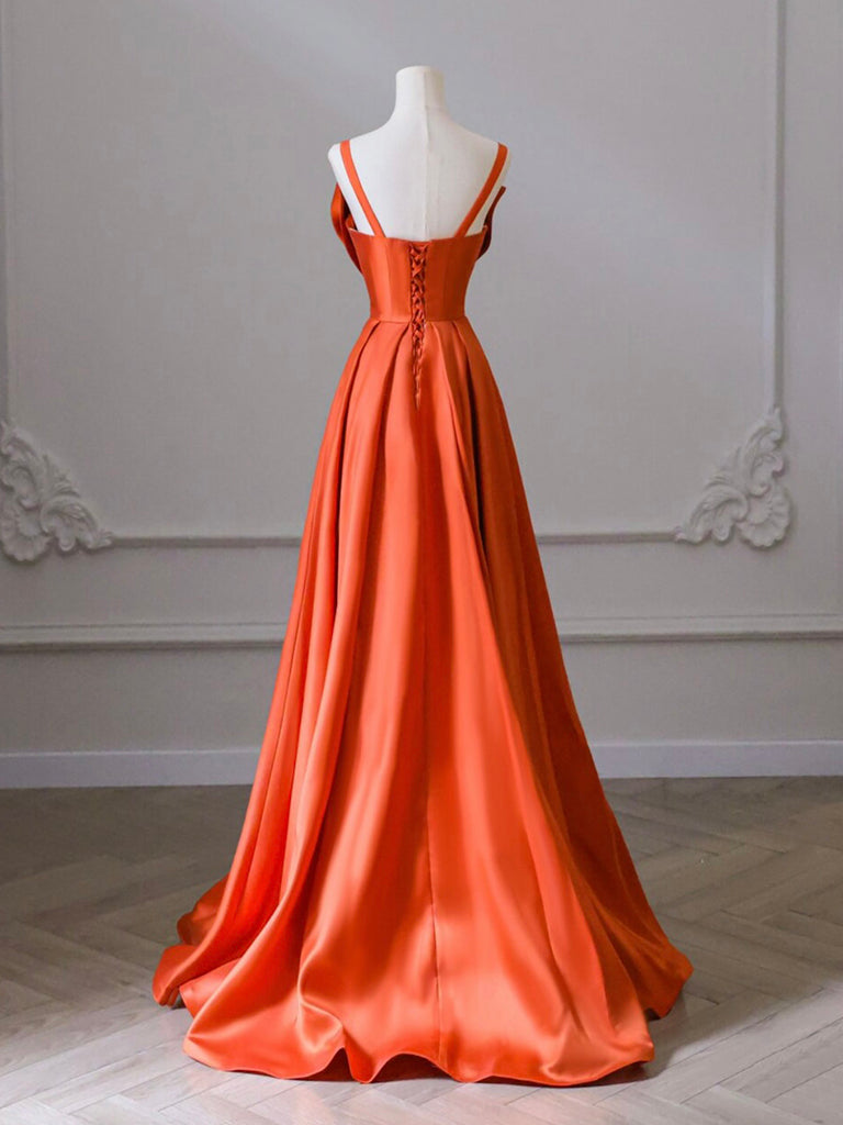 A-Line Orange Satin Long Prom Dress Long Evening Dress Formal Dress With Bow(s)