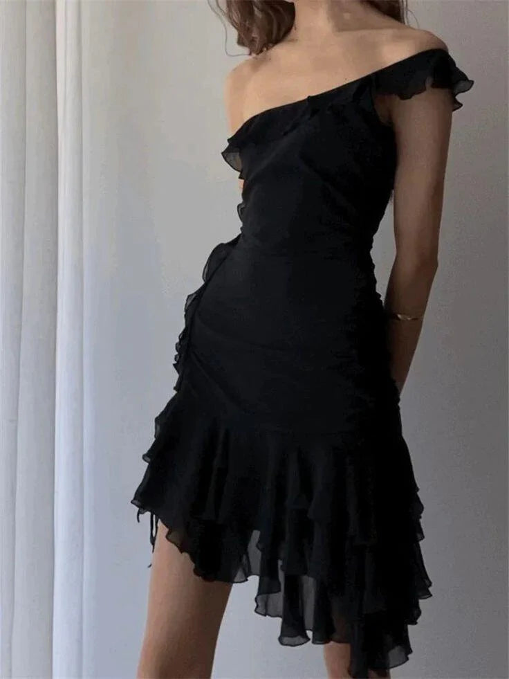 Black One Shoulder Sheath Ruffles Short Party Dress Hoco Dress Formal Dress