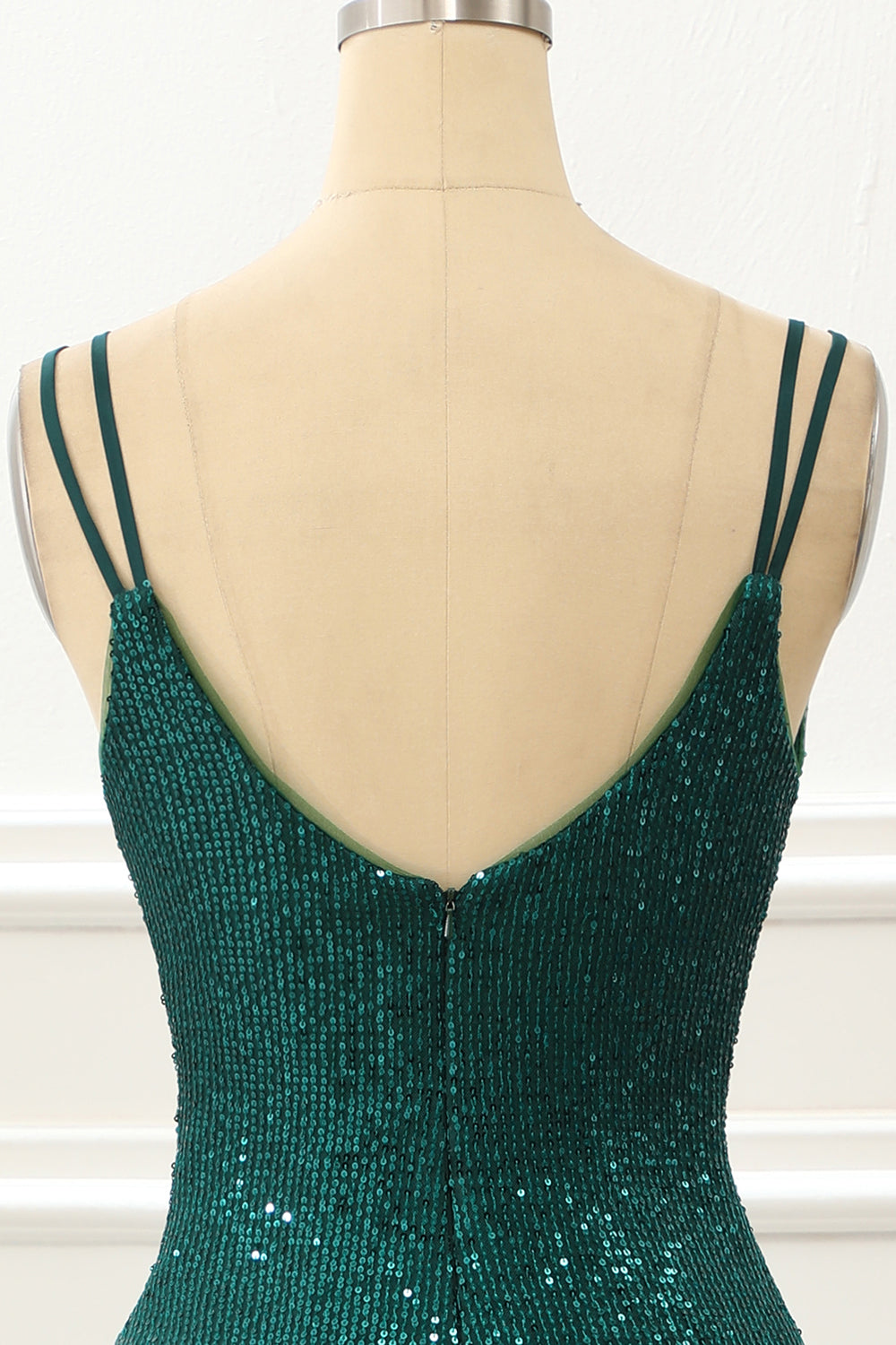 Dark Green Spaghetti Straps Saprkly Prom Dress With Slit V-neck Sexy