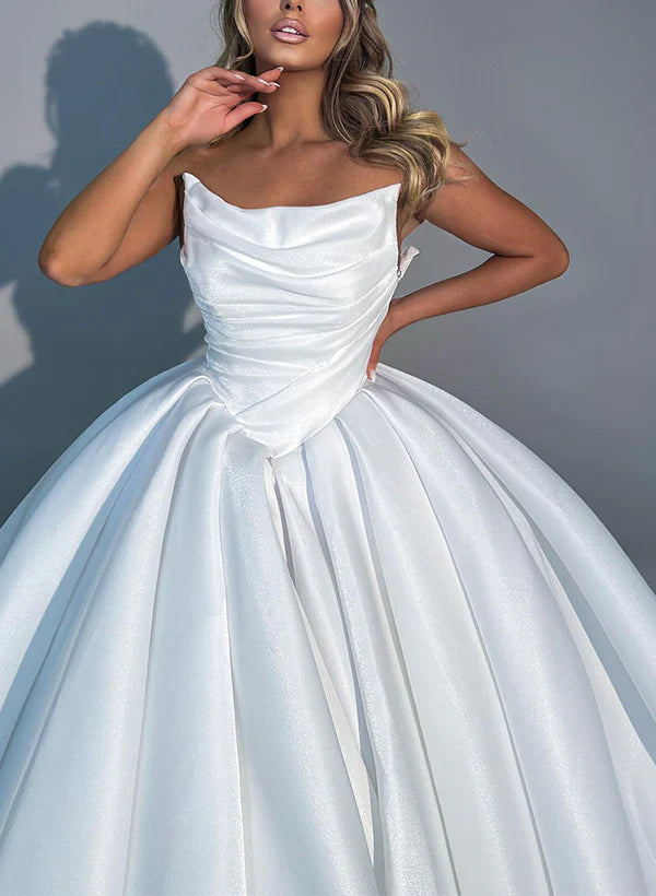 Strapless Sleeveless Sweep Train Wedding Dresses Off Shoulder Floor Length Solid Color