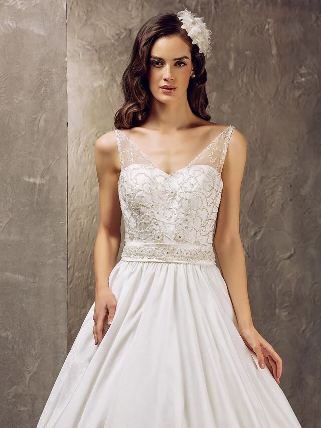 Princess A-Line Wedding Dresses V Neck Lace Taffeta Sleeveless With Embroidery