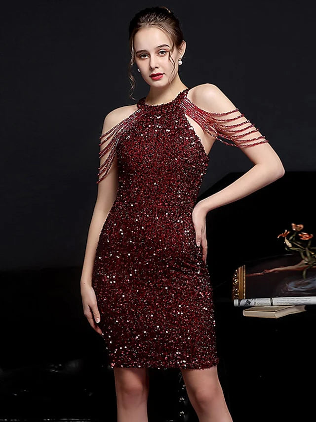 Sparkle Sexy Homecoming Cocktail Party Dress Halter Neck Sleeveless Short Mini Sequined with Beading Sequin