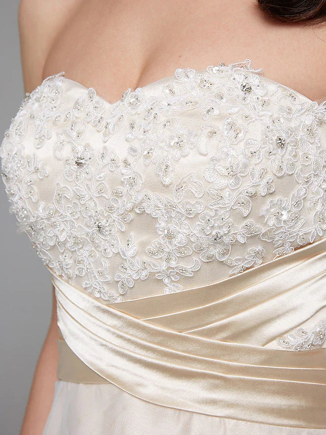 A-Line Wedding Dresses Sweetheart Neckline Asymmetrical Satin Floral Lace Strapless Simple Plus Size with Sash Ribbon Beading