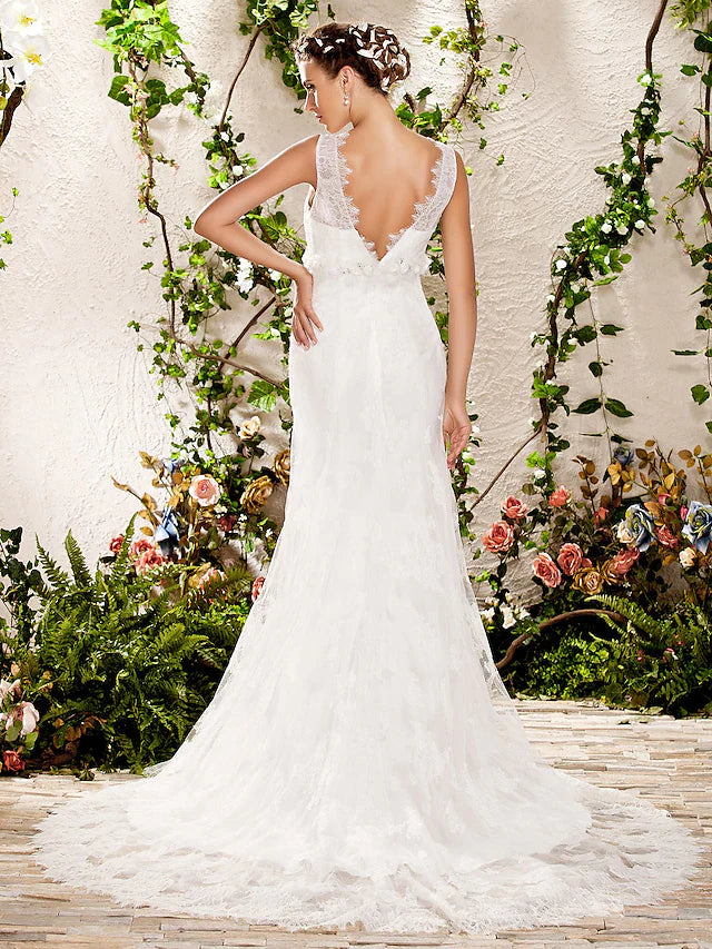 Wedding Dresses Floor Length V Neck Chapel Train Lace Sleeveless