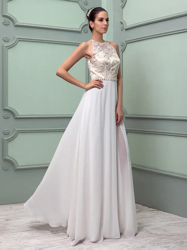 Wedding Dresses Jewel Neck Floor Length Chiffon Lace Regular Straps See-Through with Sash Ribbon Beading Split Front