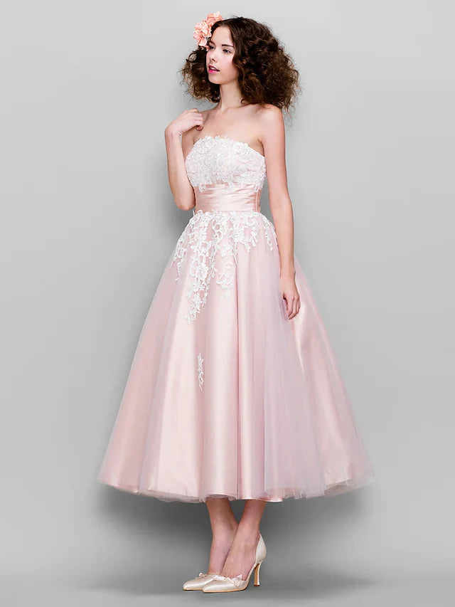 Ball Gown Wedding Guest Prom Dress Strapless Sleeveless Ankle Length Tulle Stretch Satin with Appliques