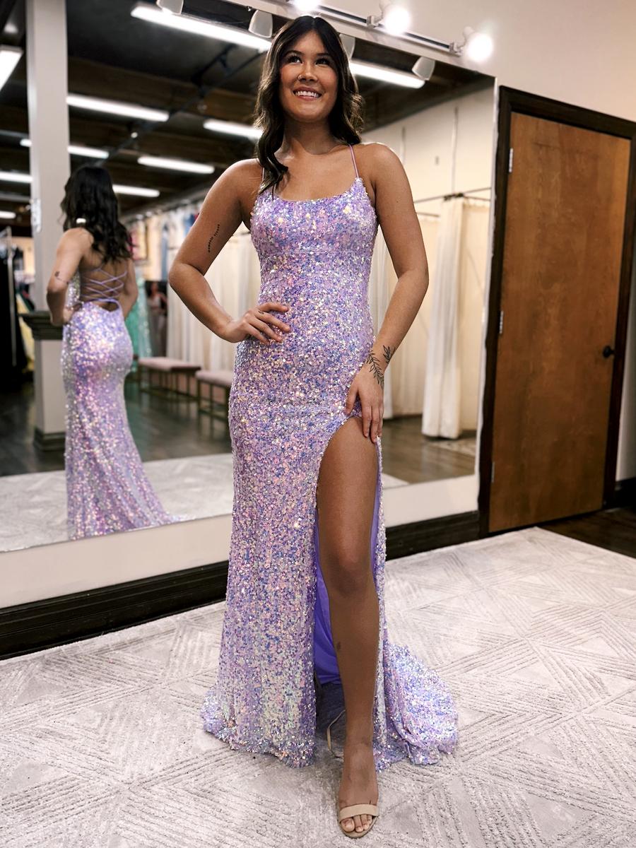 Prom dress dress features an all iridescent sequined body with a fun strappy adjustable back detail