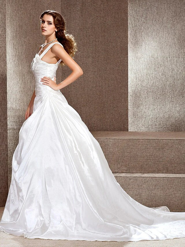 Princess A-Line Ball Gown Wedding Dresses One Shoulder Cathedral Train Taffeta Sleeveless Floor Length&nbsp;