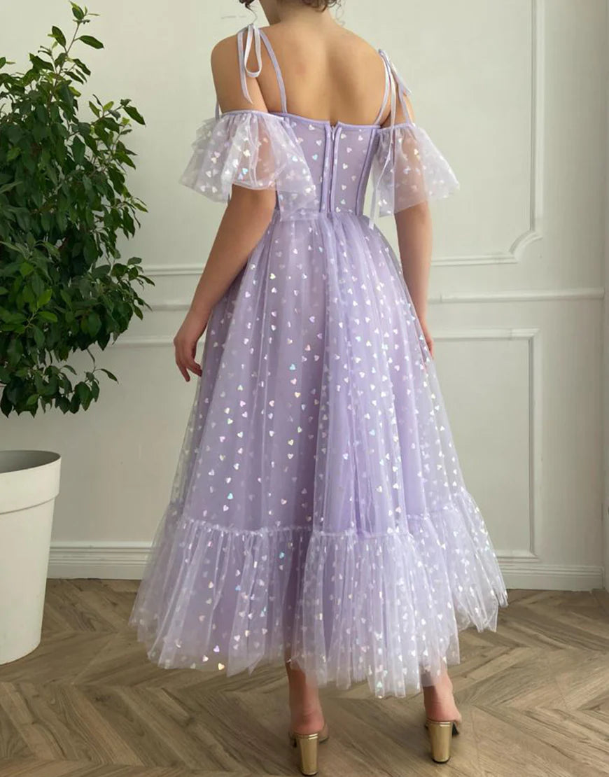 Spaghetti Straps  Print Lilac Tulle Prom Dress