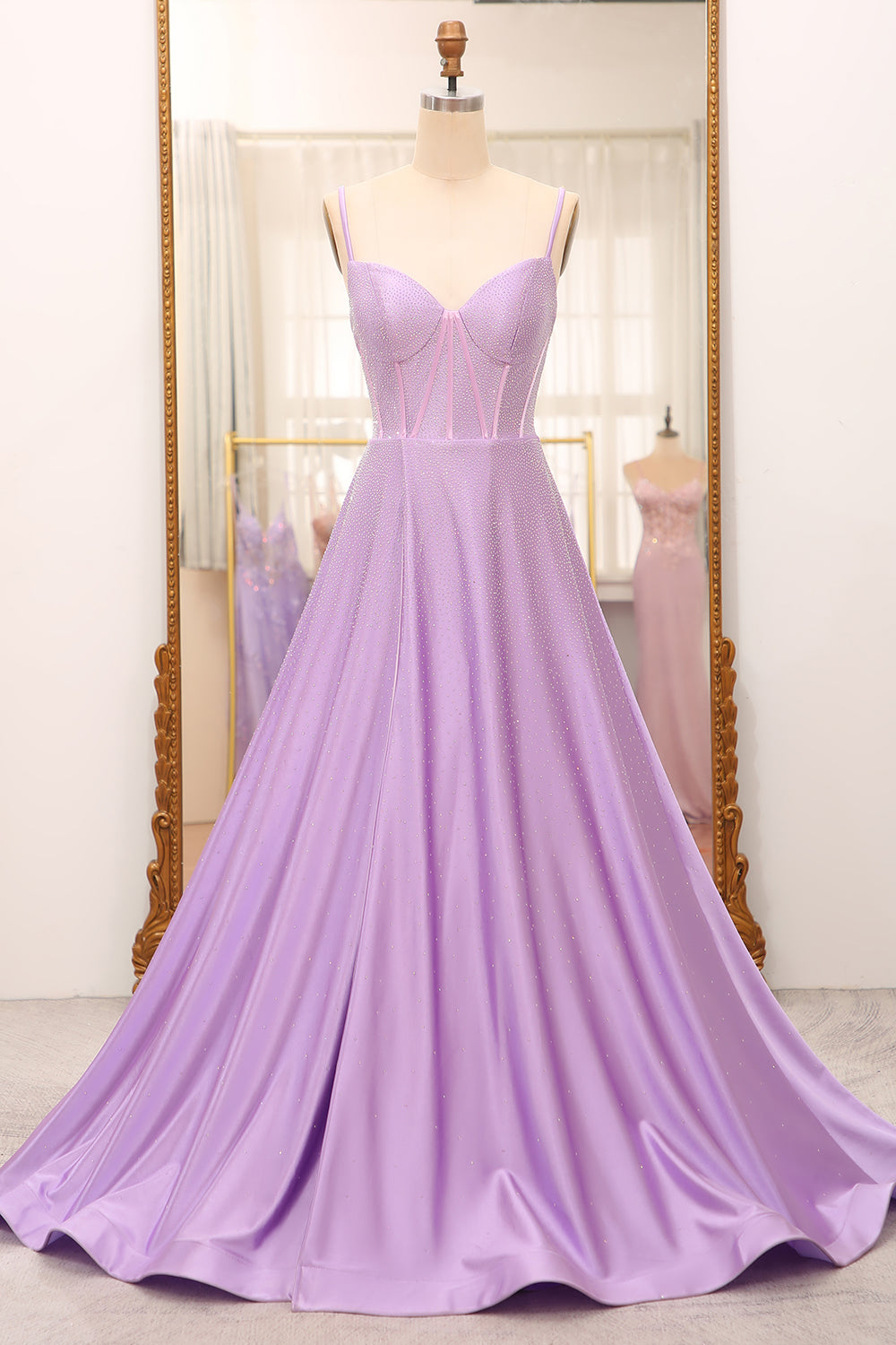 Simple Sparkly Lilac A-Line Side Slit Corset Prom Dresses With Rhinestones Beautiful