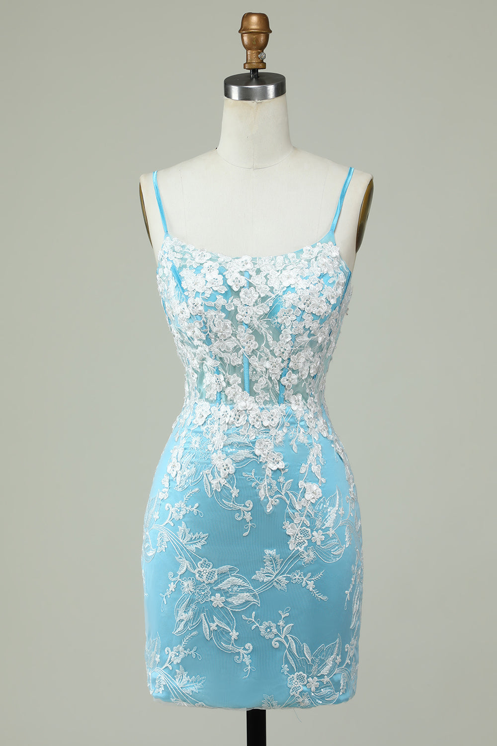 Light Blue Sheath Spaghetti Straps Short Homecoming Dress with Appliques Flowers