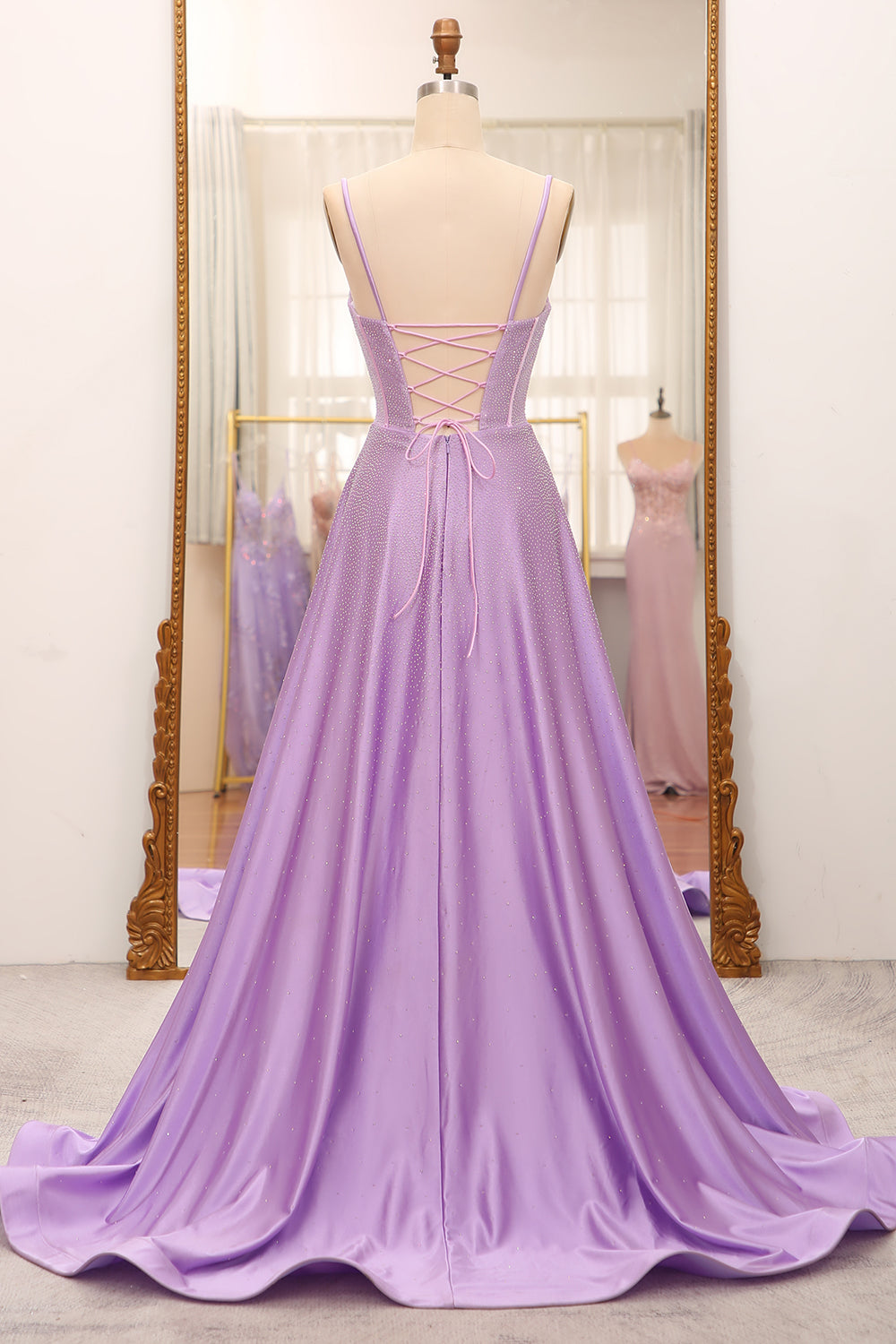 Simple Sparkly Lilac A-Line Side Slit Corset Prom Dresses With Rhinestones Beautiful