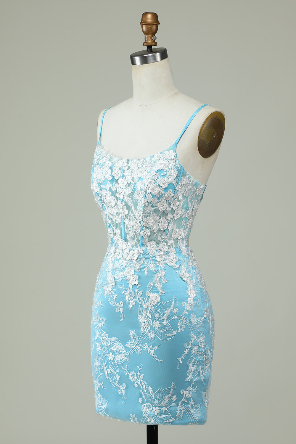 Light Blue Sheath Spaghetti Straps Short Homecoming Dress with Appliques Flowers