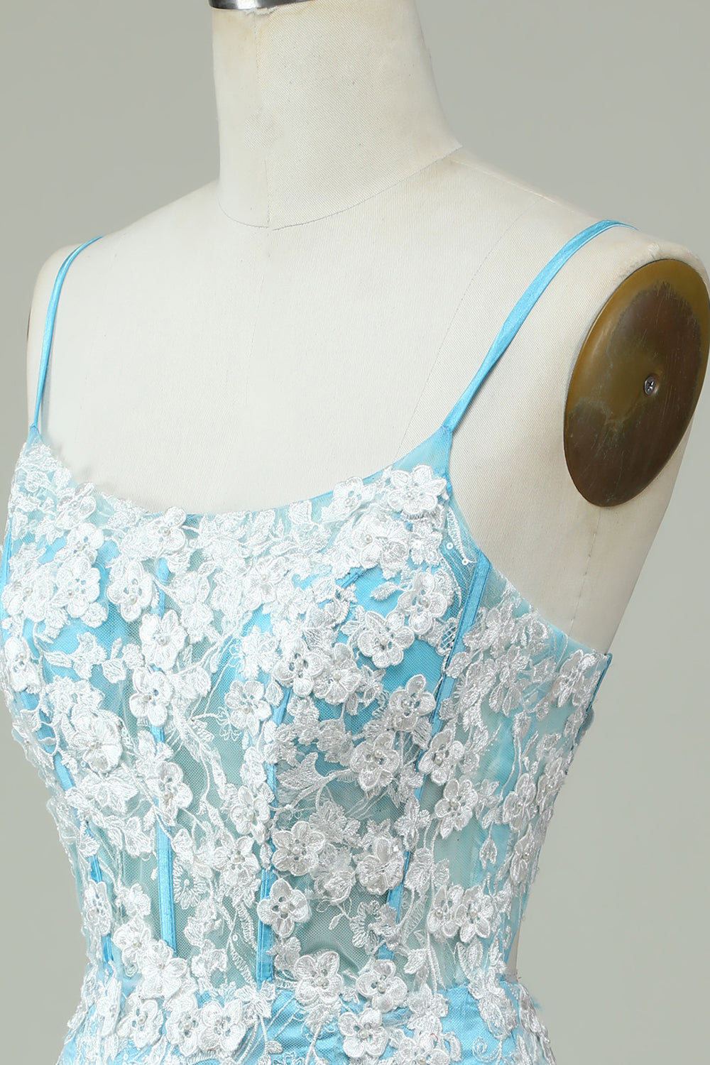 Light Blue Sheath Spaghetti Straps Short Homecoming Dress with Appliques Flowers