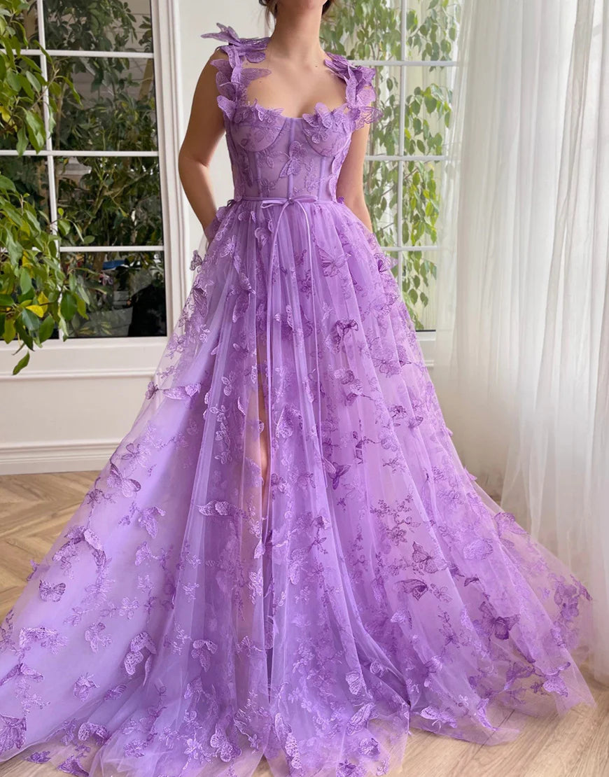 A Line Butterflies  Green Long Prom Dress With Slit