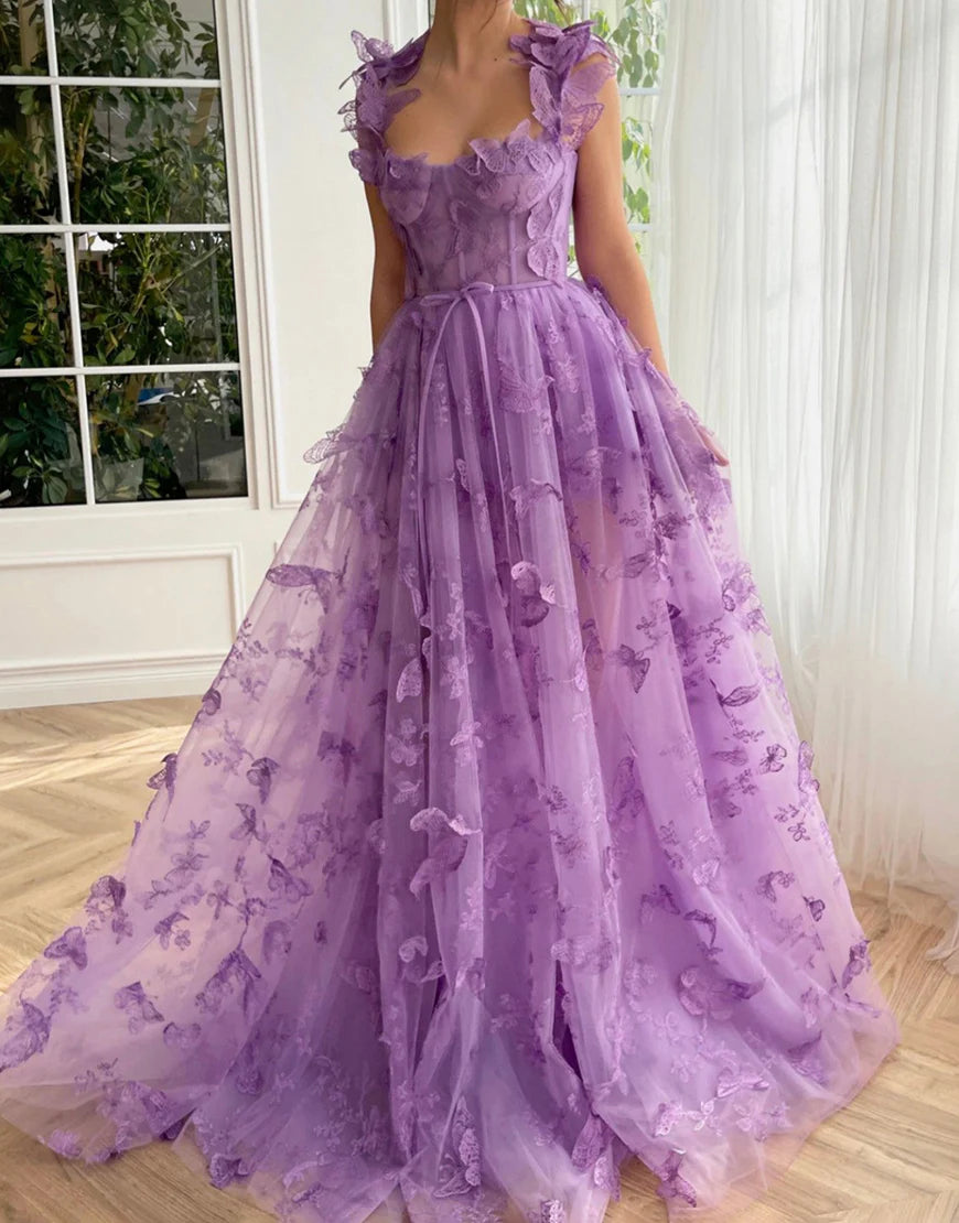 A Line Butterflies  Green Long Prom Dress With Slit