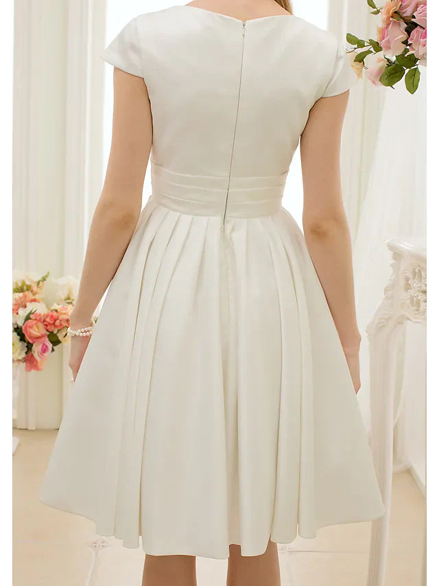 A-Line Wedding Dresses Jewel Neck Knee Length Satin Short Sleeve Formal Simple Casual Little White Dress with Sash Ribbon