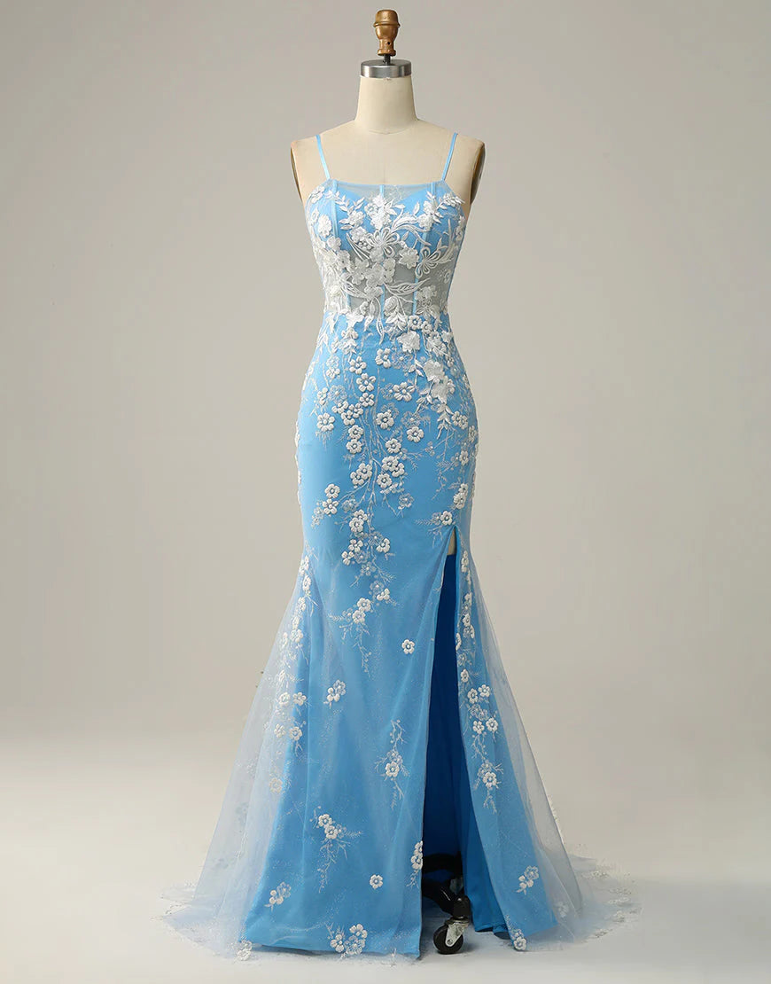 A Line Mermaid Spaghetti Straps Blue Long Prom Dress with Appliques
