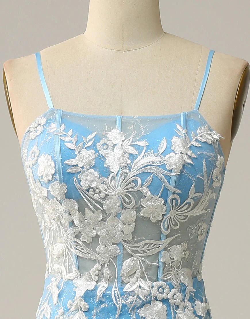 A Line Mermaid Spaghetti Straps Blue Long Prom Dress with Appliques