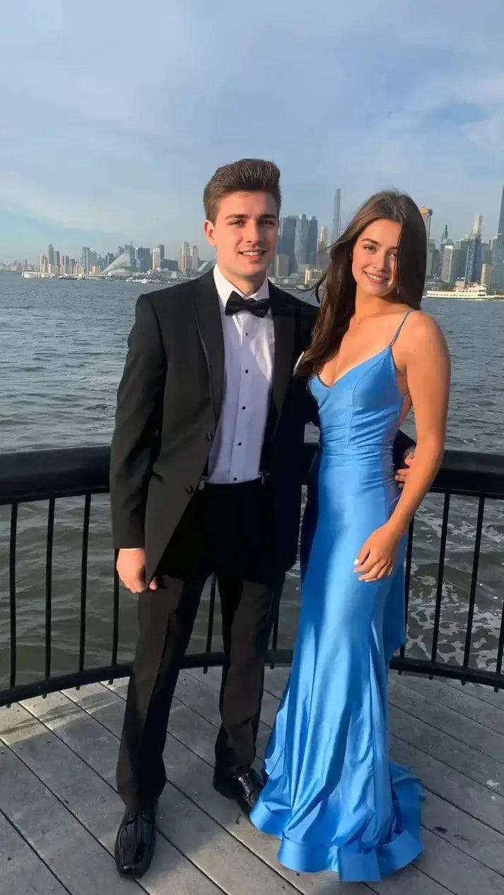 Mermaid Blue V-neck Spaghetti Straps Backless Sleeveless Long Formal Prom Dress Sexy Evening Party Gowns Charming Wedding Guest Dress