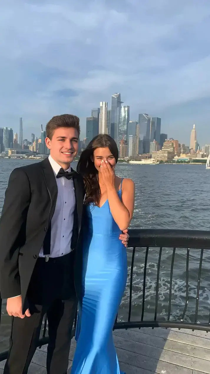 Mermaid Blue V-neck Spaghetti Straps Backless Sleeveless Long Formal Prom Dress Sexy Evening Party Gowns Charming Wedding Guest Dress