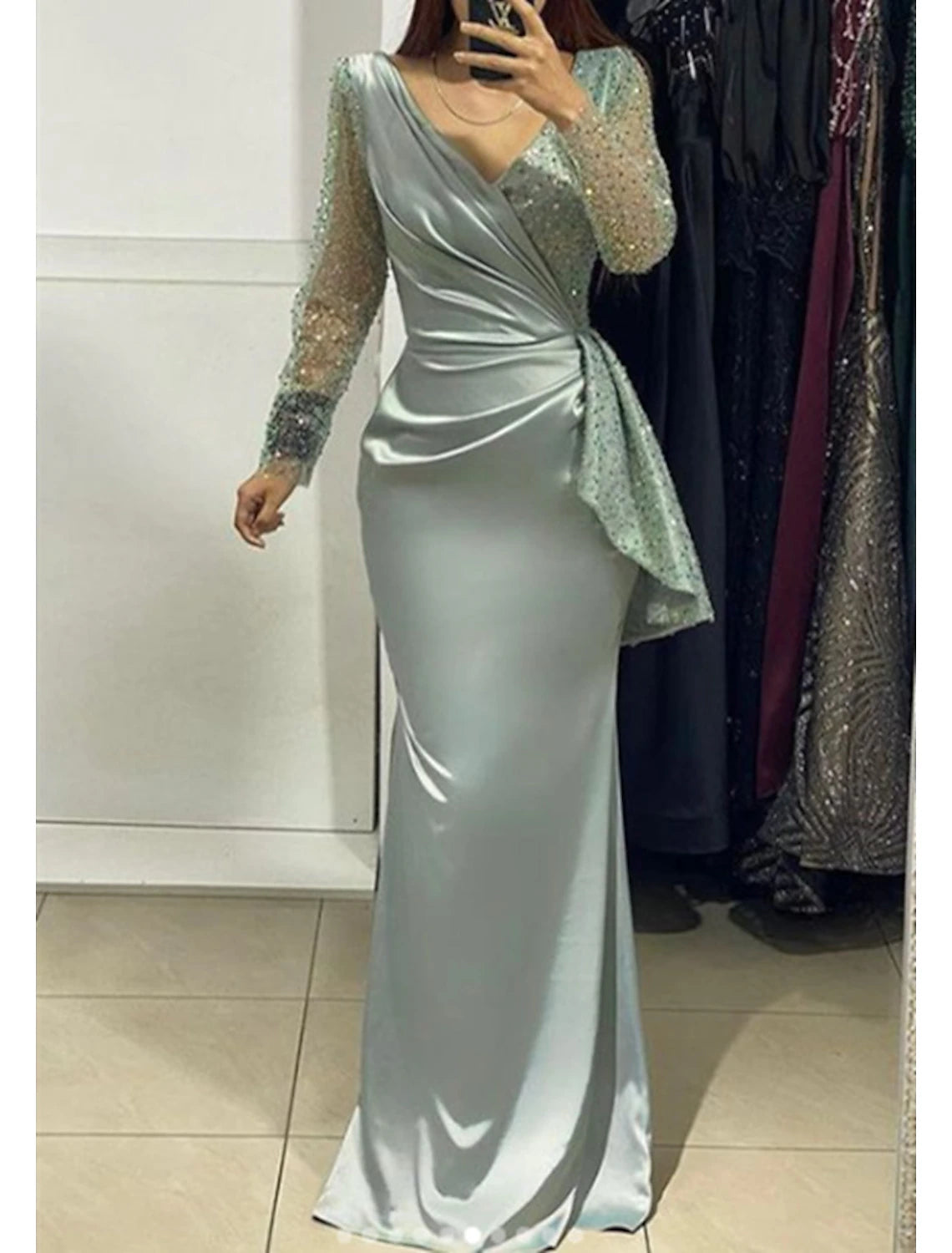 Mermaid Glitter Evening Gown V Neck Floor Length Long Sleeve Prom Dress Charming Party Dress