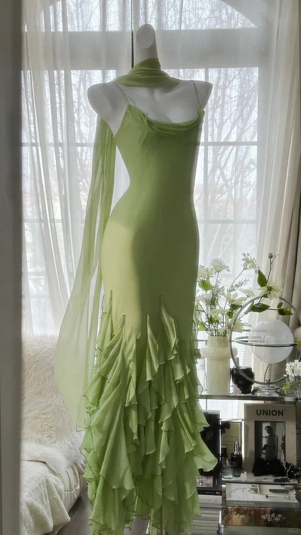 Mermaid Spaghetti Straps Green Chiffon Sleeveless Long Formal Prom Dress Elegant Evening Party Gowns Charming Wedding Guest Dress