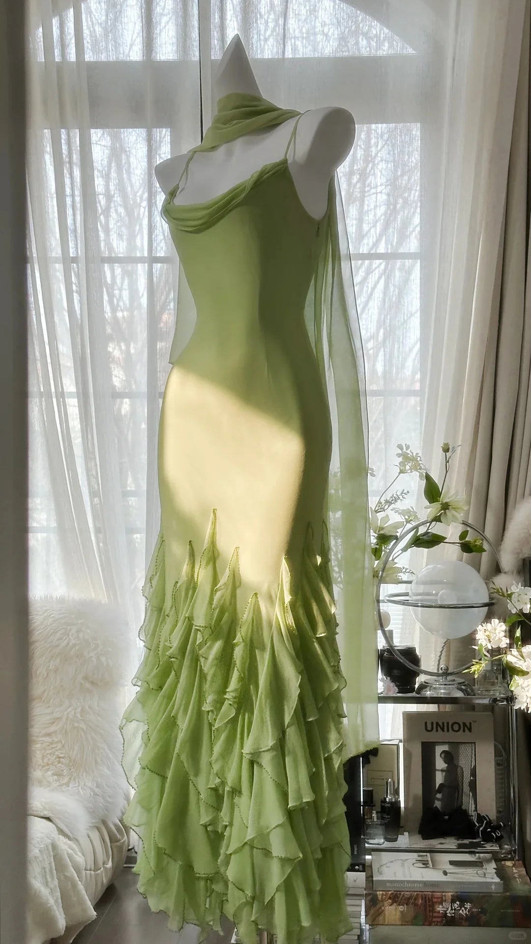 Mermaid Spaghetti Straps Green Chiffon Sleeveless Long Formal Prom Dress Elegant Evening Party Gowns Charming Wedding Guest Dress