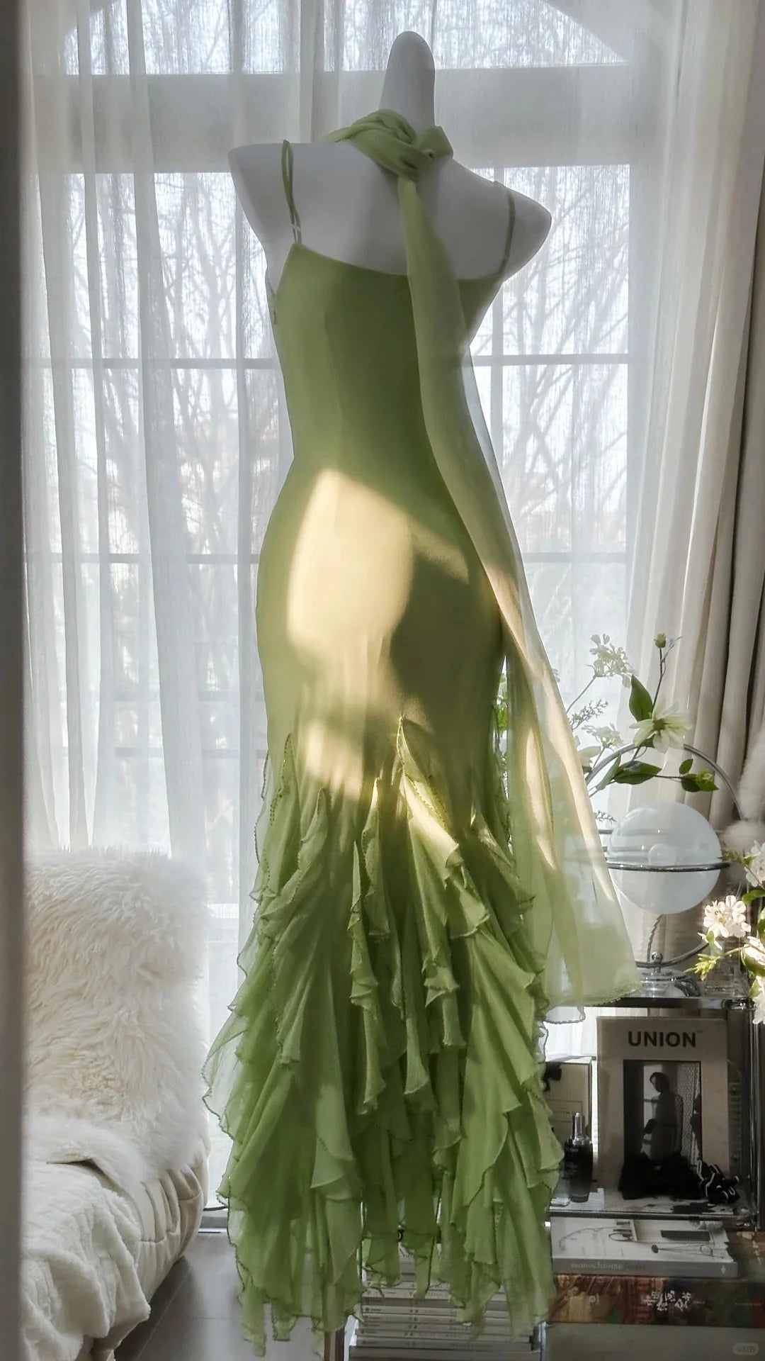 Mermaid Spaghetti Straps Green Chiffon Sleeveless Long Formal Prom Dress Elegant Evening Party Gowns Charming Wedding Guest Dress