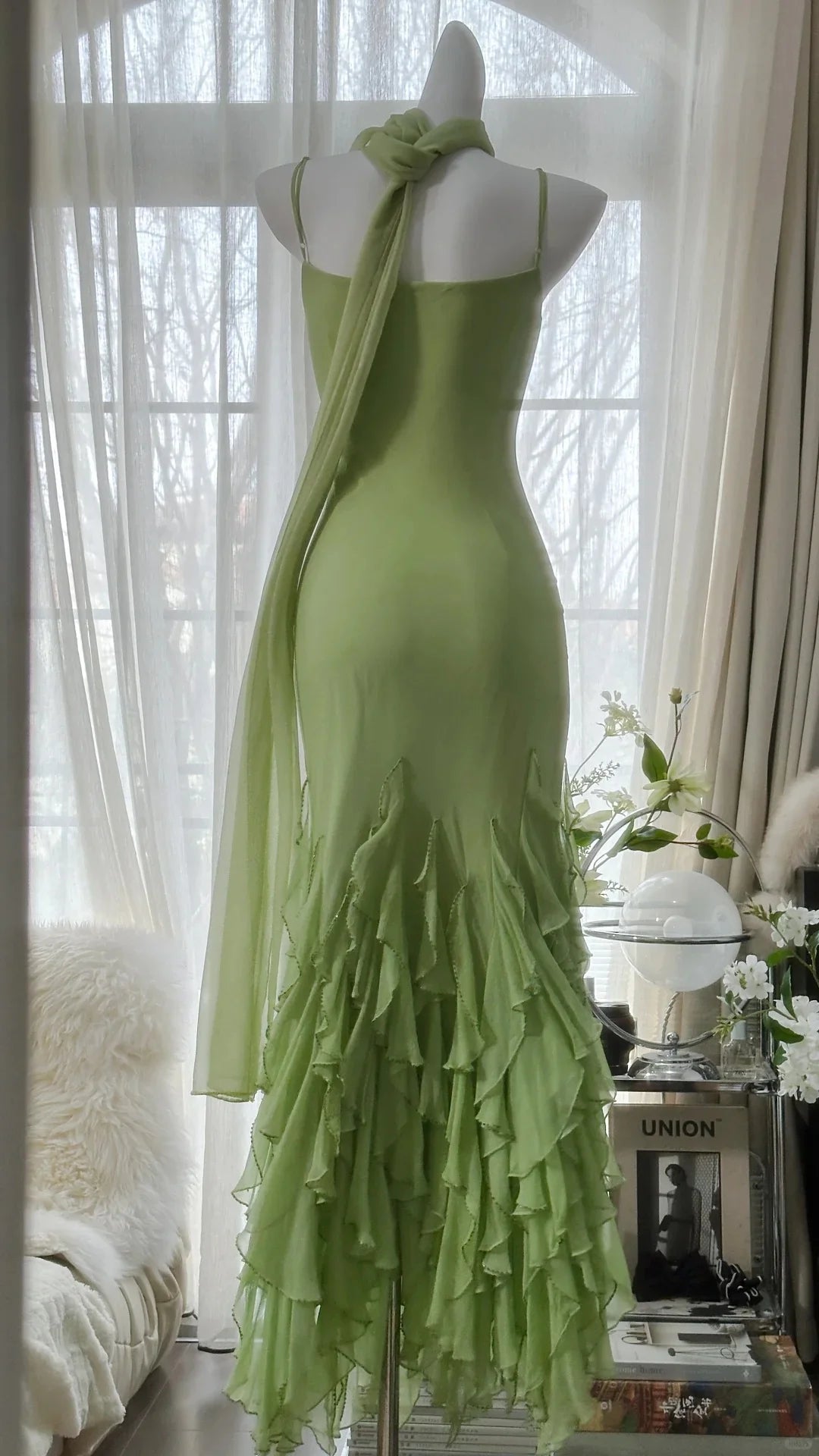 Mermaid Spaghetti Straps Green Chiffon Sleeveless Long Formal Prom Dress Elegant Evening Party Gowns Charming Wedding Guest Dress