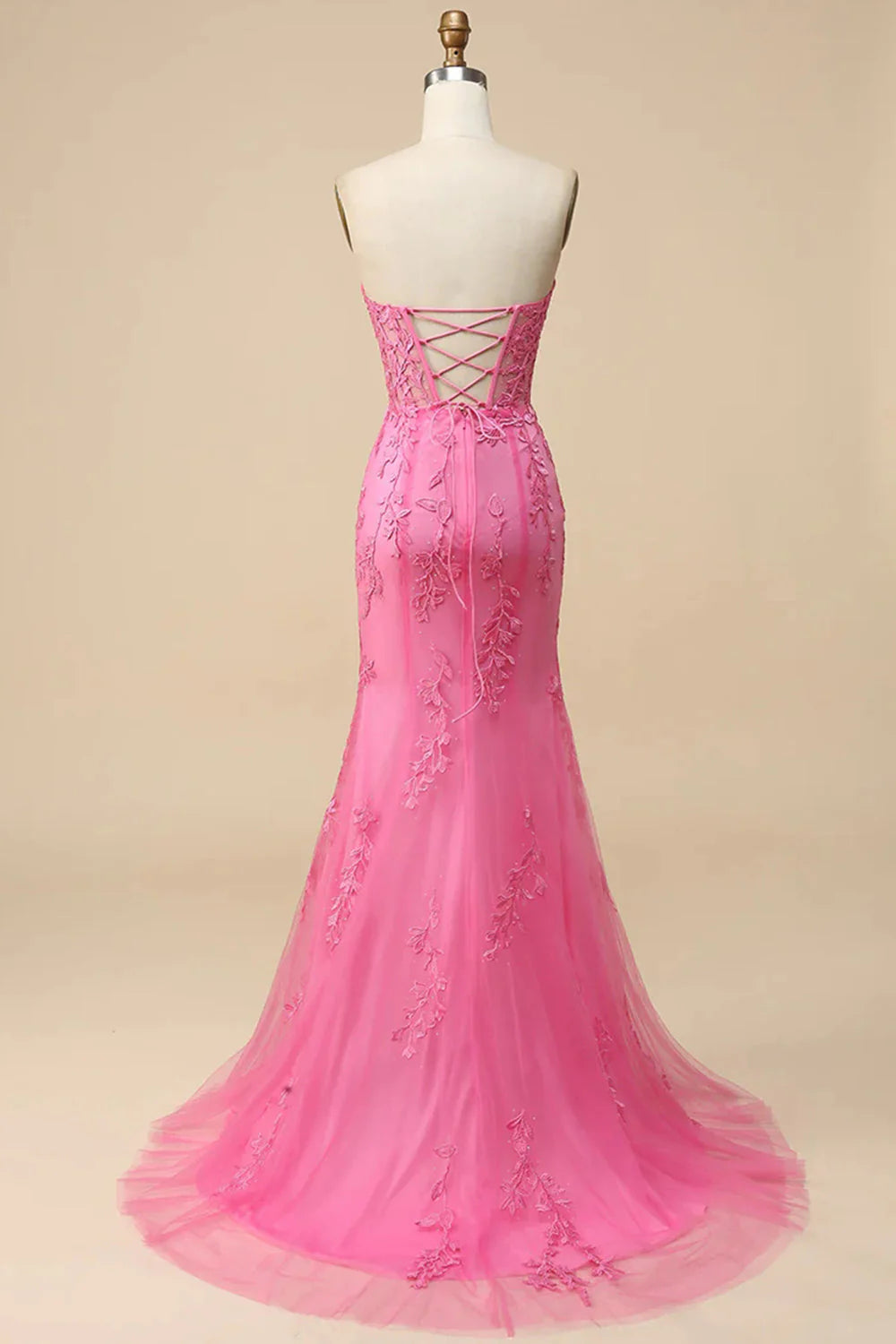 Mermaid Sweetheart Strapless Lace Appliques Long Prom Dress with Slit Charming Evening Party Dress