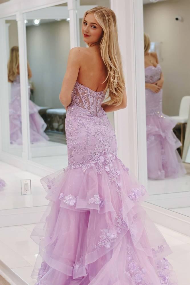 Mermaid Sweetheart Strapless Ruffle Tiered Long Prom Dress With Applique Sweep/Brush Train Charming Evening Party Dress