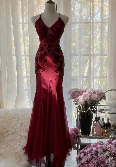 Mermaid V-neck Sleeveless Long Formal Prom Dress with Appliques Elegant Party Evening Gowns Charming Wedding Guest Dress