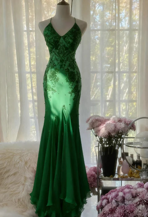 Mermaid V-neck Sleeveless Long Formal Prom Dress with Appliques Elegant Party Evening Gowns Charming Wedding Guest Dress