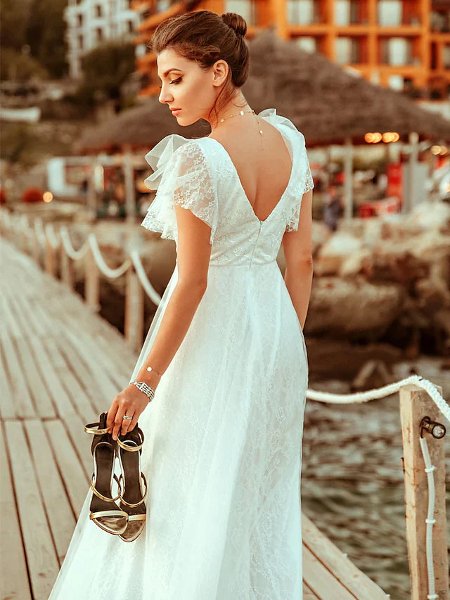A-Line Wedding Dresses V Neck Floor Length Lace Short Sleeve Simple Casual Boho Illusion Detail Backless
