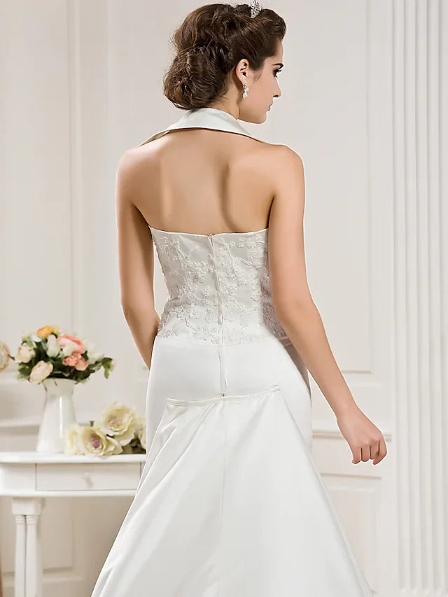 Wedding Dresses Halter Neck Court Train Satin Sleeveless with Appliques