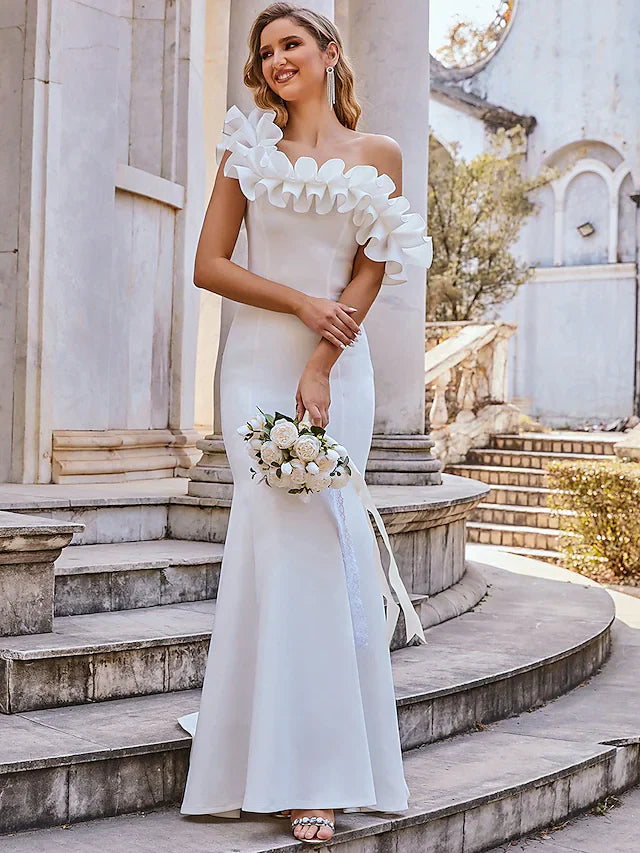 Wedding Dresses  Off Shoulder Stretch Fabric Cap Sleeve Romantic Elegant with Ruffles