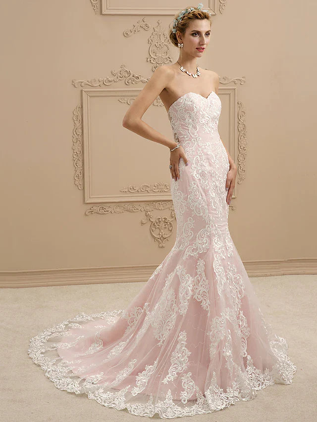 Wedding Dresses Sweetheart Neckline Court Train Lace Strapless Sexy Illusion Detail with Appliques Pink