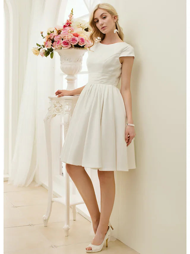 A-Line Wedding Dresses Jewel Neck Knee Length Satin Short Sleeve Formal Simple Casual Little White Dress with Sash Ribbon