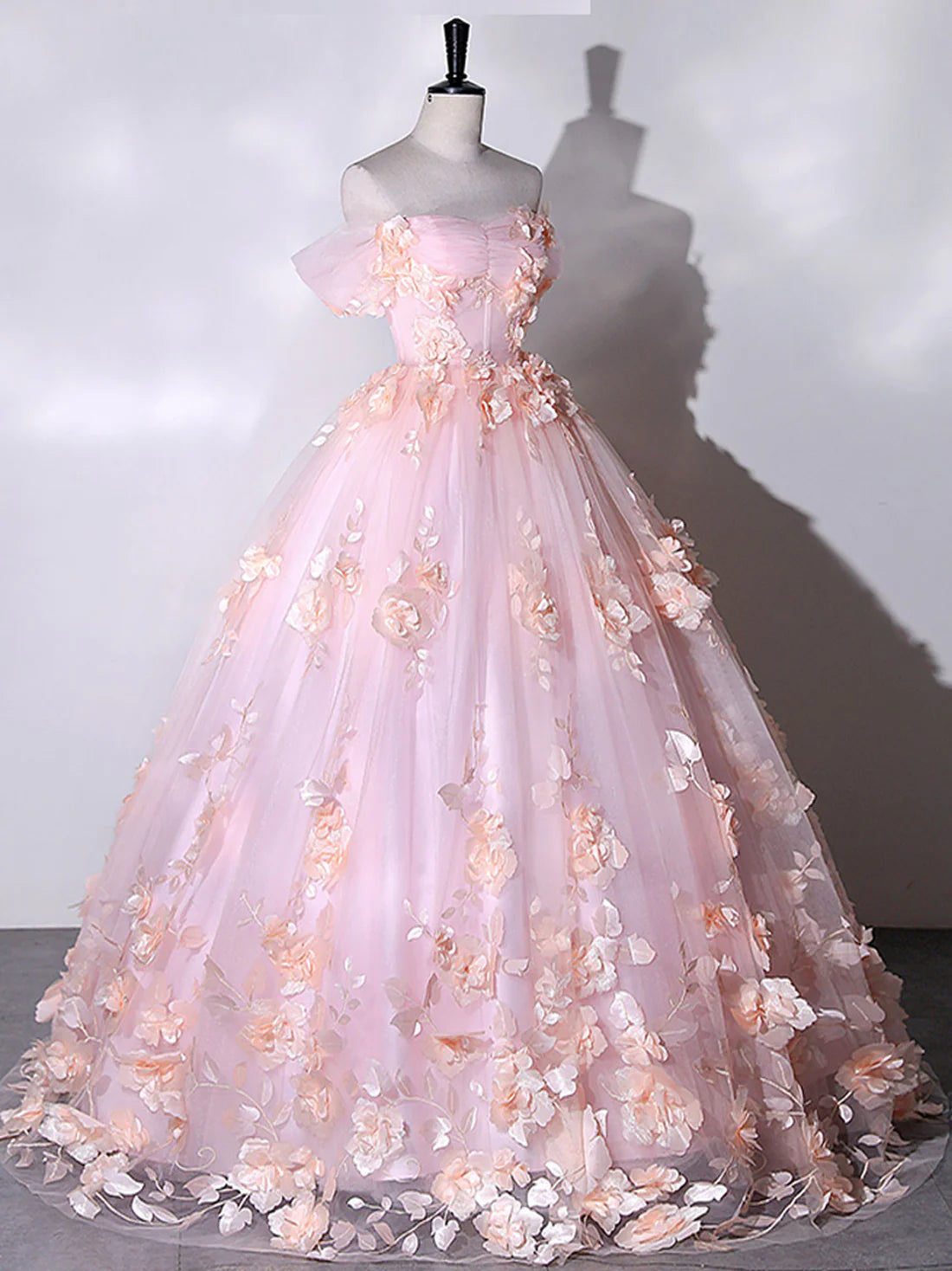 Ball Gown Quinceanera Dresses Princess Dress Pink Off Shoulder Tulle Lace Applique Long Prom Dress, Pink Sweet Dress
