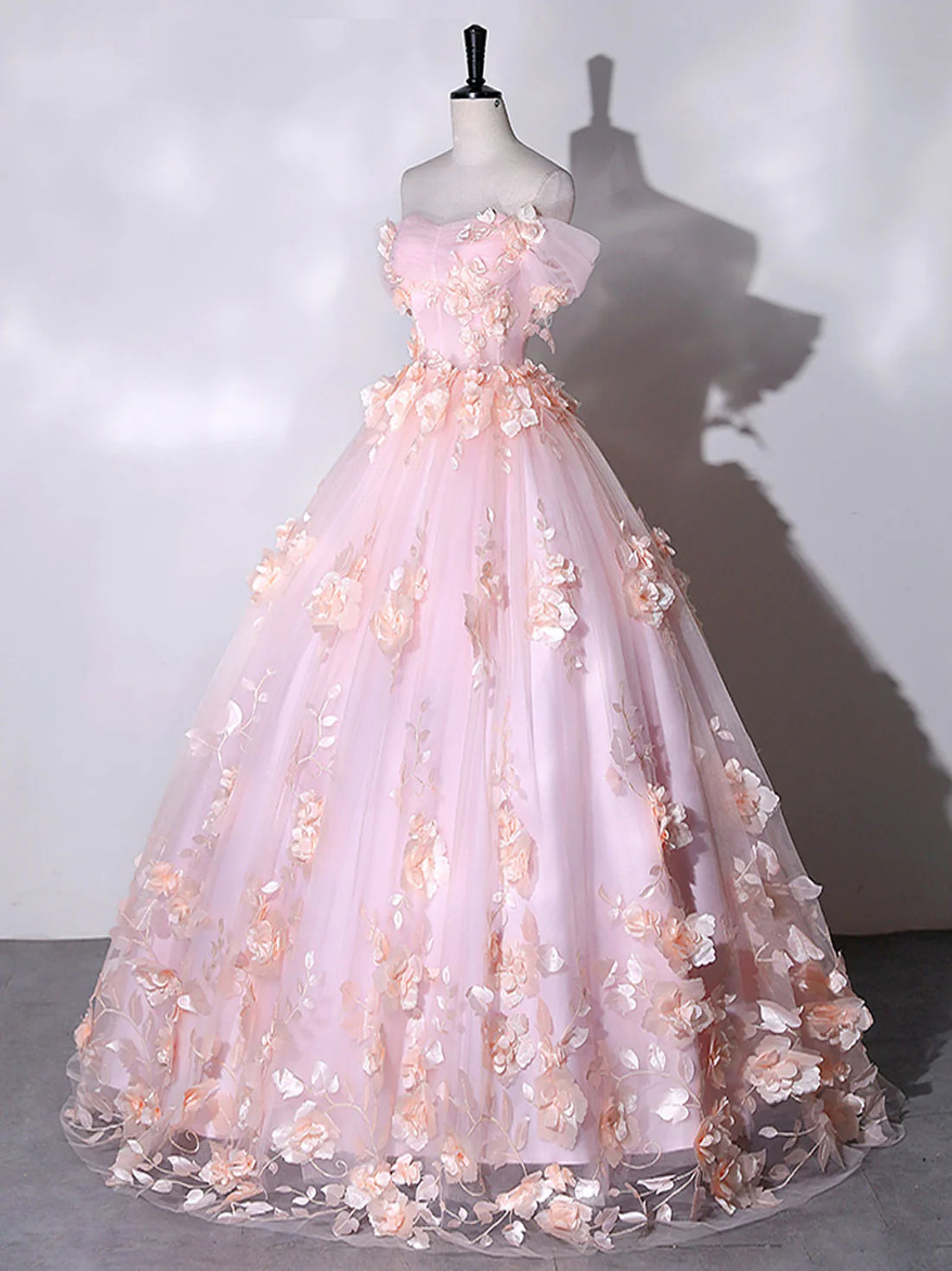 Ball Gown Quinceanera Dresses Princess Dress Pink Off Shoulder Tulle Lace Applique Long Prom Dress, Pink Sweet Dress