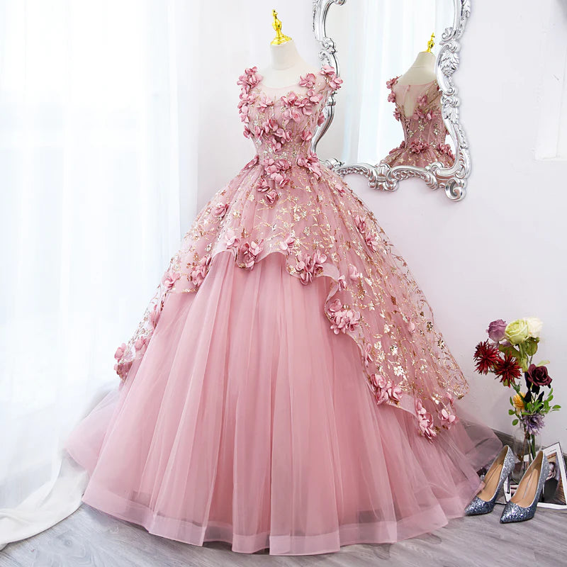 A-Line Evening Gown Quinceanera Floor Length Lovely Pink Tulle Long Party Dress With 3D Flowers Sweet 16 Gown